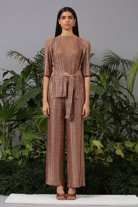 Buy_Pleats By Aruni_Gold Pleated Top And Pant Set_Online_at_Aza_Fashions