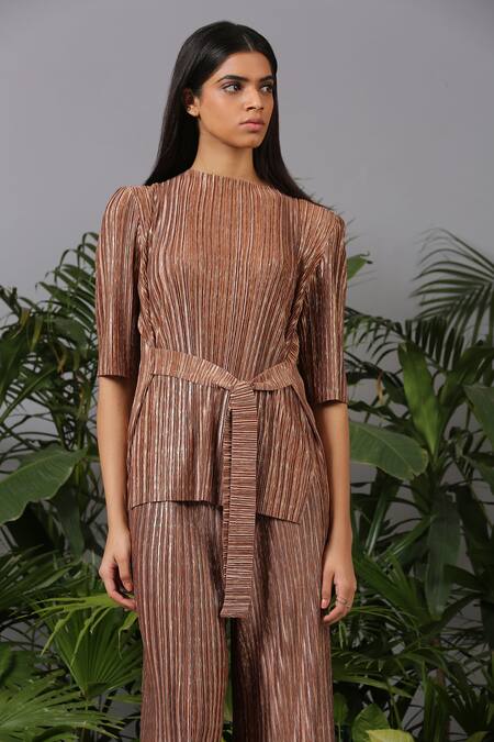 Shop_Pleats By Aruni_Gold Pleated Top And Pant Set_Online_at_Aza_Fashions