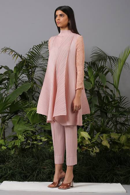 Pleats By Aruni_Pink Polyester High Pleated Tunic And Pant Set_Online_at_Aza_Fashions