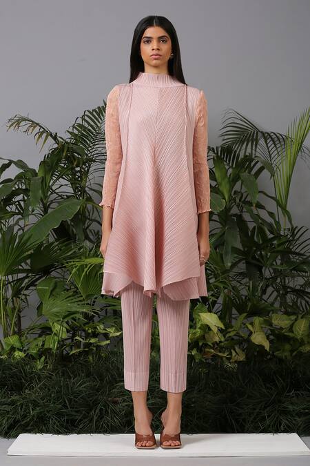 Buy_Pleats By Aruni_Pink Polyester High Pleated Tunic And Pant Set_Online_at_Aza_Fashions