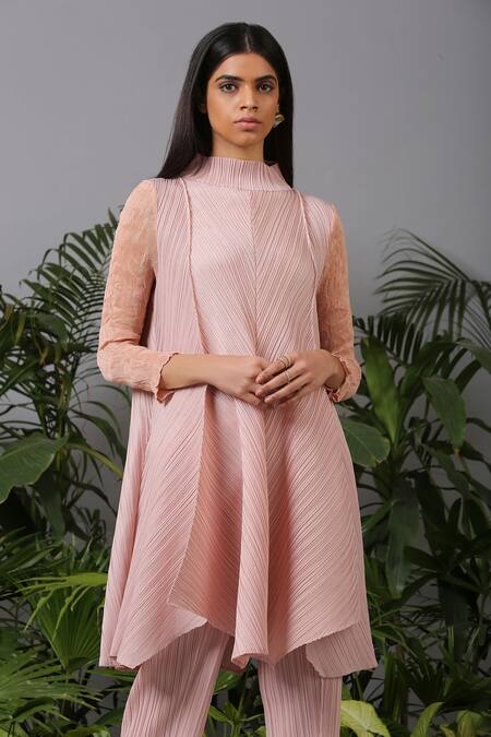 Shop_Pleats By Aruni_Pink Polyester High Pleated Tunic And Pant Set_Online_at_Aza_Fashions