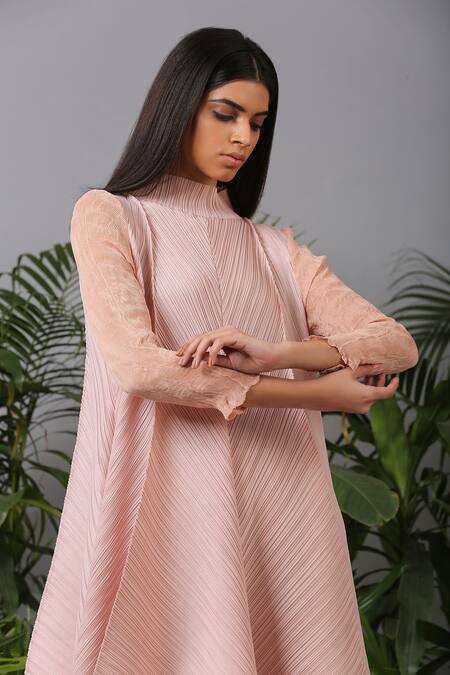 Pleats By Aruni_Pink Polyester High Pleated Tunic And Pant Set_at_Aza_Fashions