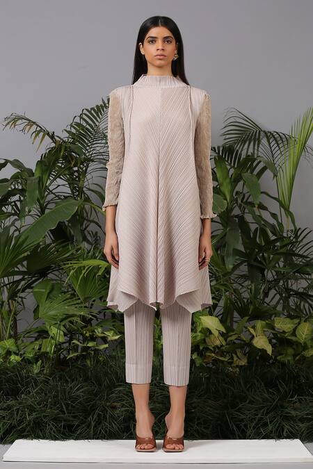 Shop_Pleats By Aruni_Beige Polyester High Pleated Tunic And Pant Set_Online_at_Aza_Fashions