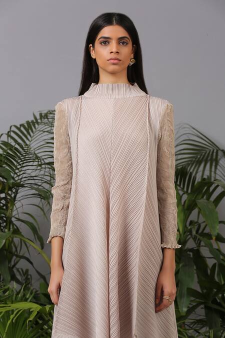 Pleats By Aruni_Beige Polyester High Pleated Tunic And Pant Set_at_Aza_Fashions