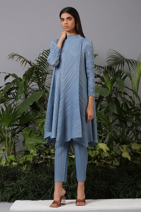 Pleats by Aruni Blue Polyester High Pleated Tunic And Pant Set 