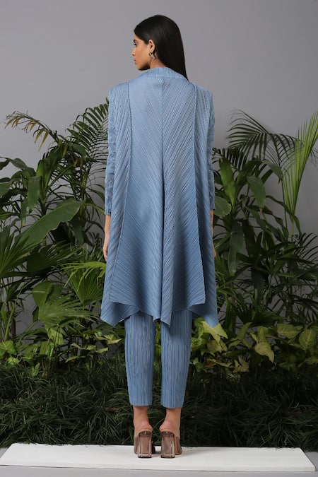 Shop_Pleats by Aruni_Blue Polyester High Pleated Tunic And Pant Set _at_Aza_Fashions