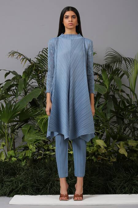 Pleats by Aruni_Blue Polyester High Pleated Tunic And Pant Set _Online_at_Aza_Fashions