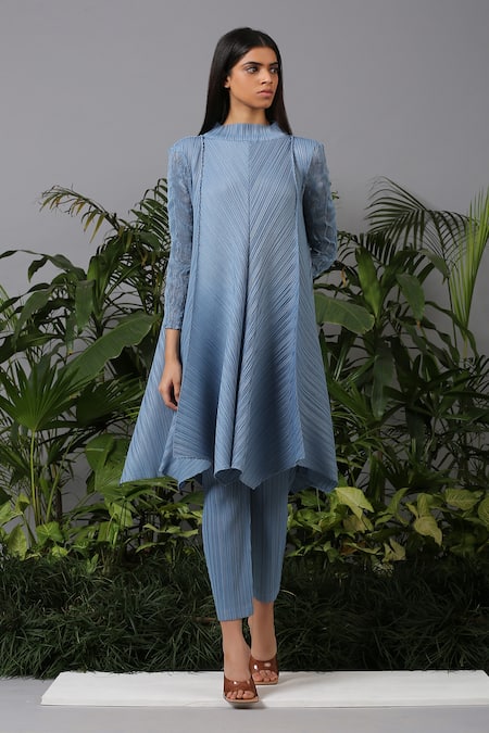 Buy_Pleats by Aruni_Blue Polyester High Pleated Tunic And Pant Set _Online_at_Aza_Fashions