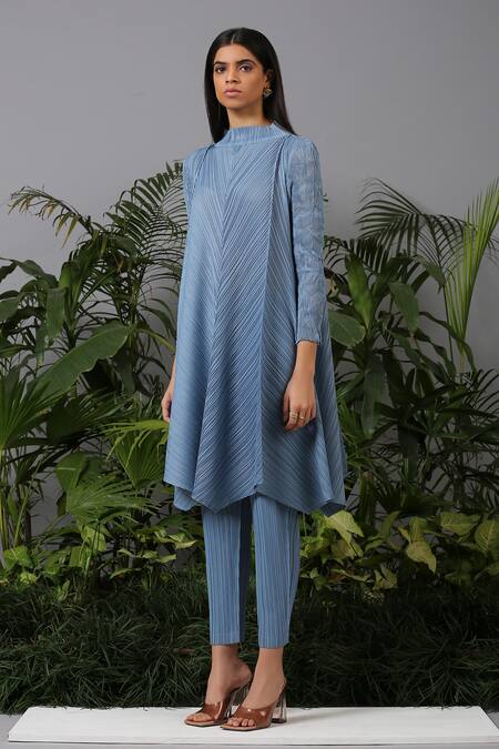 Shop_Pleats by Aruni_Blue Polyester High Pleated Tunic And Pant Set _Online_at_Aza_Fashions