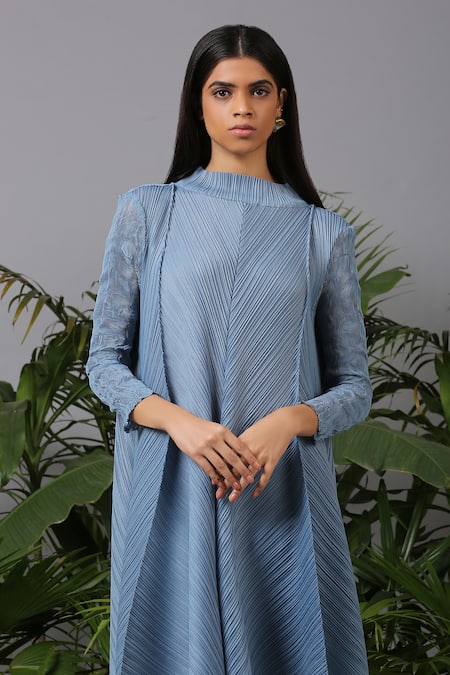 Pleats by Aruni_Blue Polyester High Pleated Tunic And Pant Set _at_Aza_Fashions