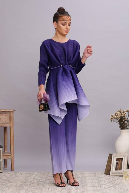 Pleats by Aruni Purple Polyester Ombre Pleated Tunic And Pant Set