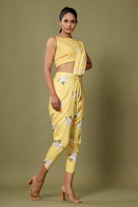 Pasha India_Yellow Crepe Floral Boat Dhoti Saree With Blouse_Online_at_Aza_Fashions