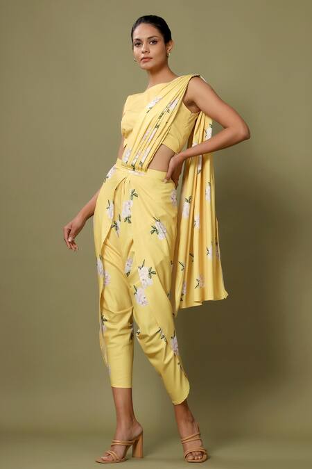 Buy_Pasha India_Yellow Crepe Floral Boat Dhoti Saree With Blouse_Online_at_Aza_Fashions