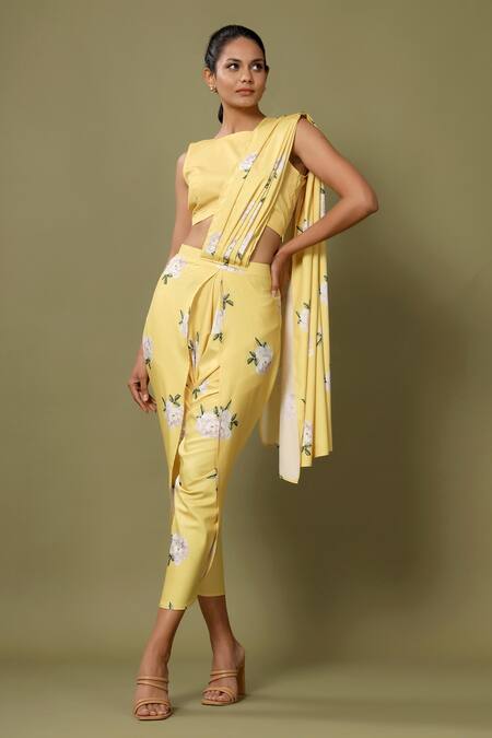 Shop_Pasha India_Yellow Crepe Floral Boat Dhoti Saree With Blouse_Online_at_Aza_Fashions