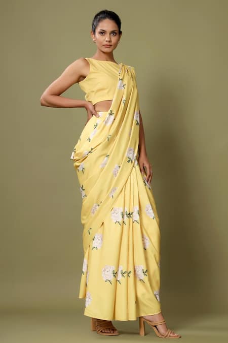 Pasha India Floral Print Pre-Draped Saree With Blouse 
