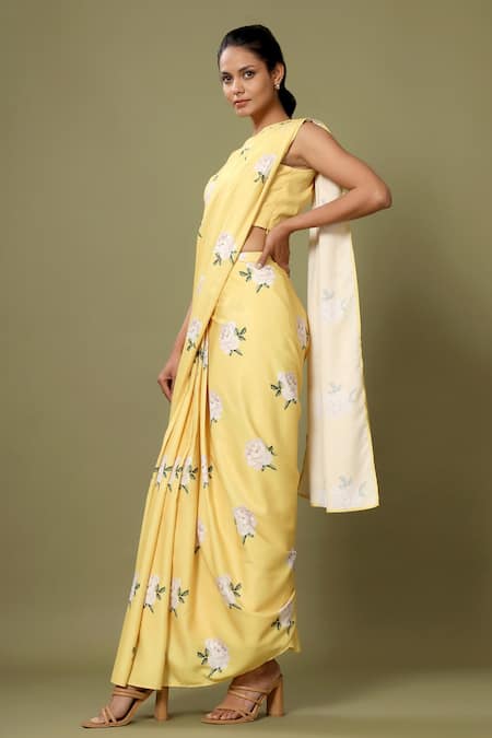 Pasha India_Yellow Crepe Floral Print Boat Pre-draped Saree With Blouse _Online_at_Aza_Fashions