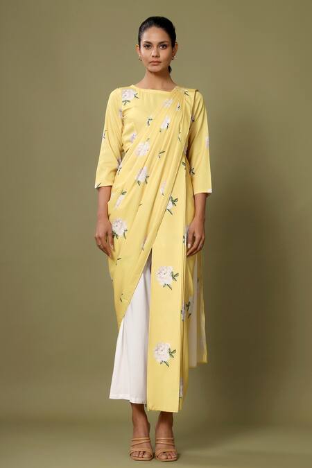 Pasha India_Yellow Crepe Floral Boat Pre-draped Saree And Pant Set_Online_at_Aza_Fashions