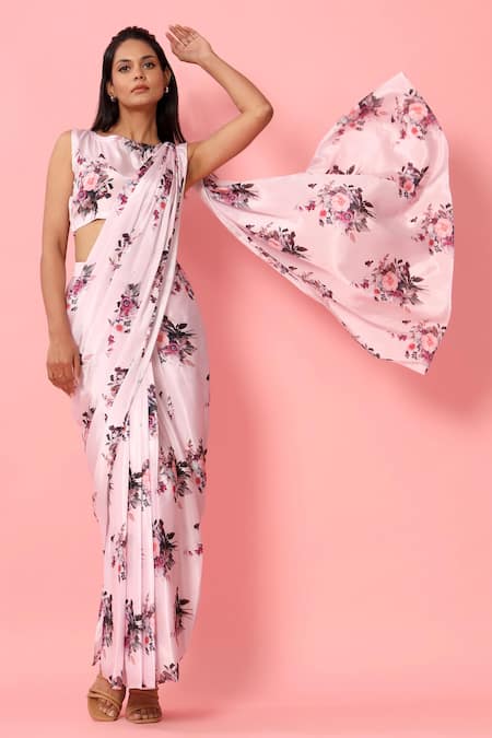 Pasha India Floral Print Pre-Draped Saree With Blouse 