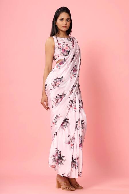 Pasha India_Pink Crepe Floral Print Boat Pre-draped Saree With Blouse_Online_at_Aza_Fashions