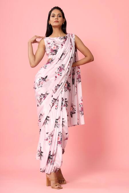 Buy_Pasha India_Pink Crepe Floral Print Boat Pre-draped Saree With Blouse_Online_at_Aza_Fashions