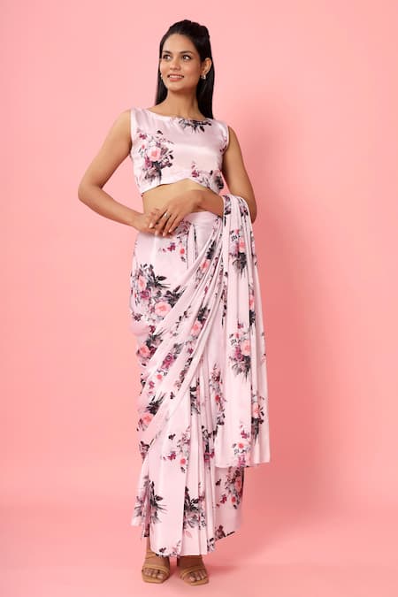 Shop_Pasha India_Pink Crepe Floral Print Boat Pre-draped Saree With Blouse_Online_at_Aza_Fashions