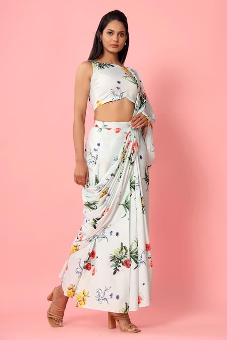 Pasha India_Green Crepe Floral Print Boat Pre-draped Saree With Blouse_Online_at_Aza_Fashions