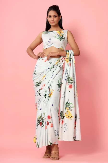 Buy_Pasha India_Green Crepe Floral Print Boat Pre-draped Saree With Blouse_Online_at_Aza_Fashions