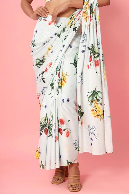 Pasha India_Green Crepe Floral Print Boat Pre-draped Saree With Blouse_at_Aza_Fashions