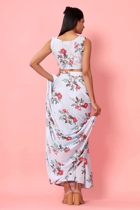 Shop_Pasha India_Blue Crepe Floral Print Boat Pre-draped Saree With Blouse_at_Aza_Fashions