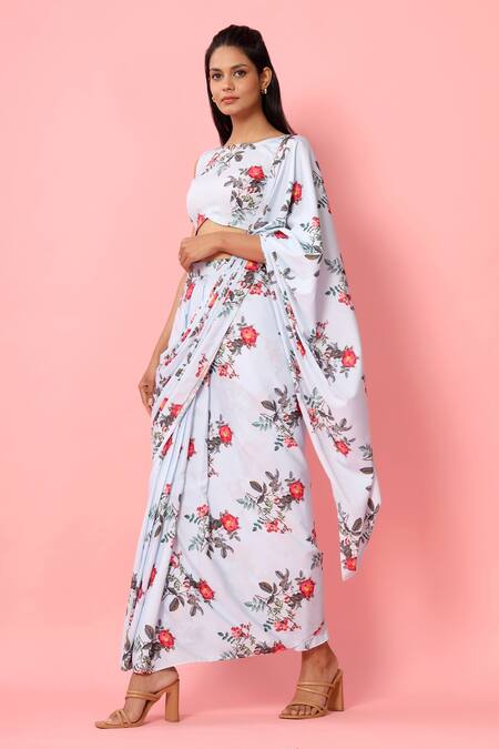 Buy_Pasha India_Blue Crepe Floral Print Boat Pre-draped Saree With Blouse_Online_at_Aza_Fashions