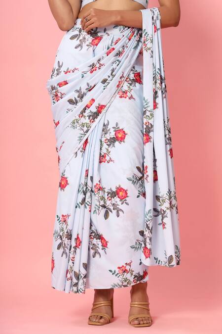 Pasha India_Blue Crepe Floral Print Boat Pre-draped Saree With Blouse_at_Aza_Fashions