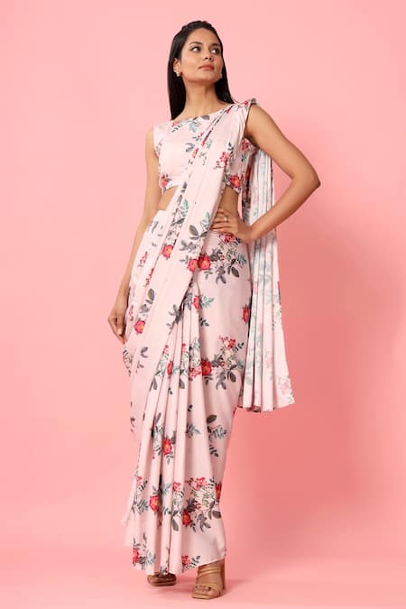 Pasha India Floral Print Pre-Draped Saree With Blouse 