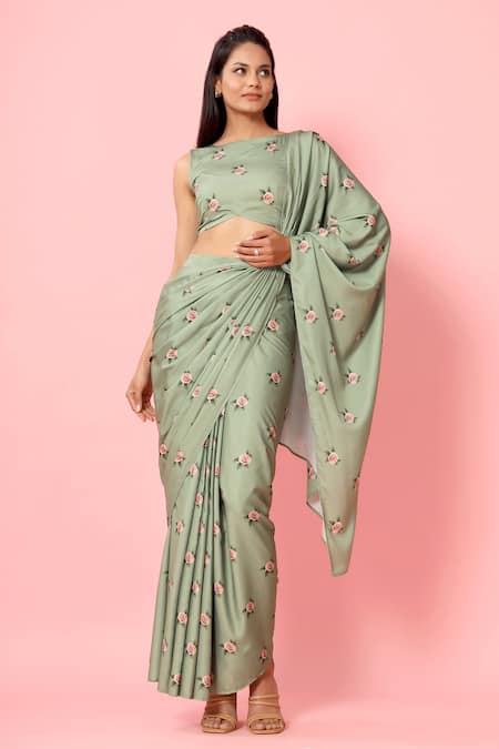 Pasha India Floral Print Pre-Draped Saree With Blouse 