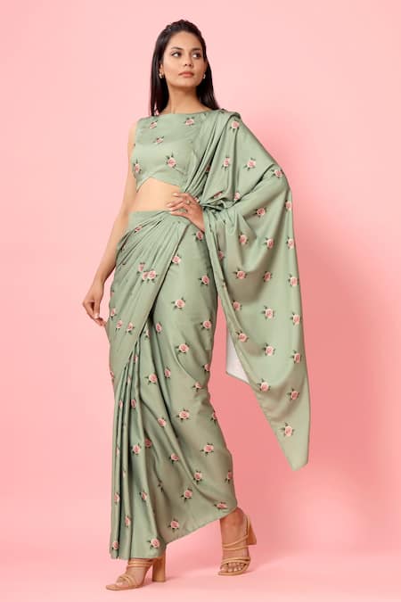 Pasha India_Green Crepe Floral Print Boat Pre-draped Saree With Blouse_Online_at_Aza_Fashions