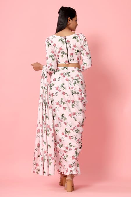 Pasha India Floral Print Pre-Draped Saree With Blouse 