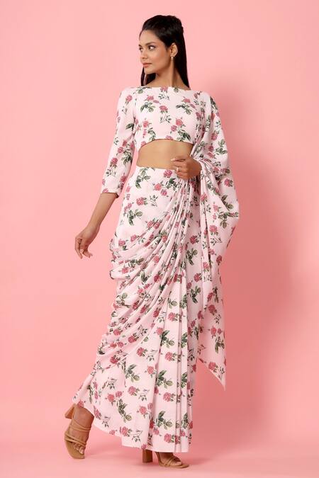 Pasha India_Pink Crepe Floral Print Boat Pre-draped Saree With Blouse _Online_at_Aza_Fashions