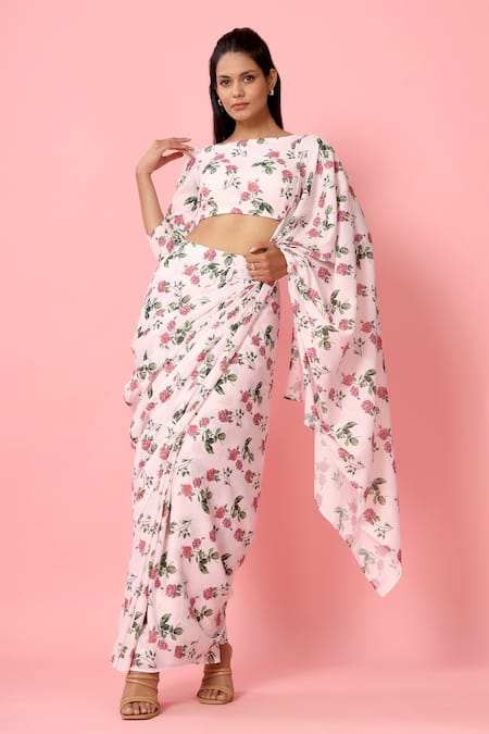 Buy_Pasha India_Pink Crepe Floral Print Boat Pre-draped Saree With Blouse _Online_at_Aza_Fashions