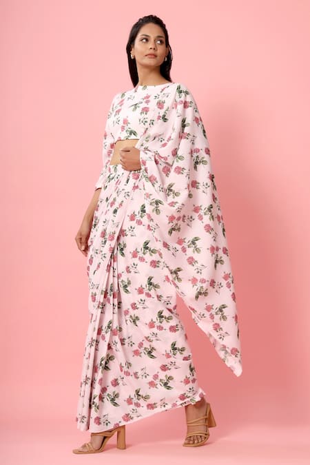 Shop_Pasha India_Pink Crepe Floral Print Boat Pre-draped Saree With Blouse _Online_at_Aza_Fashions