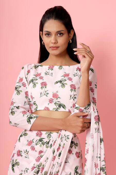 Pasha India_Pink Crepe Floral Print Boat Pre-draped Saree With Blouse _at_Aza_Fashions