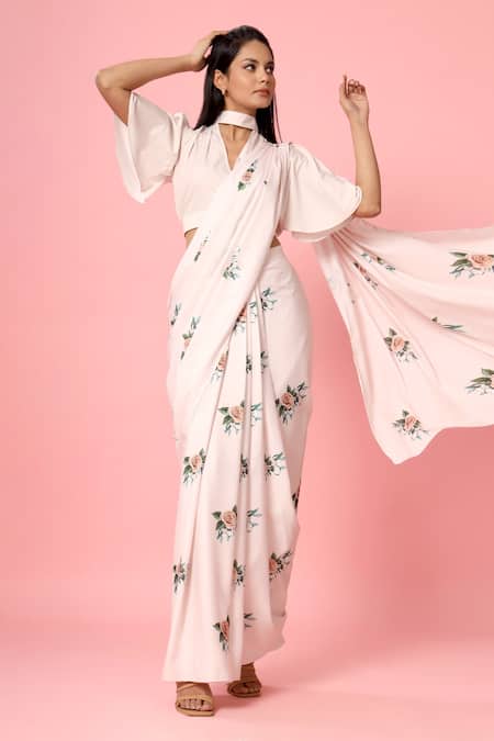 Pasha India_Pink Crepe Floral Print Round Pre-draped Saree With Blouse _Online_at_Aza_Fashions