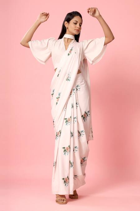 Buy_Pasha India_Pink Crepe Floral Print Round Pre-draped Saree With Blouse _Online_at_Aza_Fashions