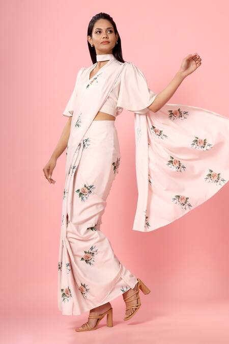 Shop_Pasha India_Pink Crepe Floral Print Round Pre-draped Saree With Blouse _Online_at_Aza_Fashions