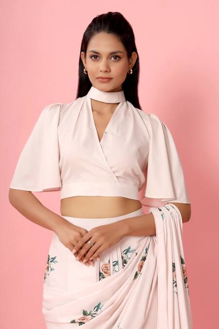 Pasha India_Pink Crepe Floral Print Round Pre-draped Saree With Blouse _at_Aza_Fashions