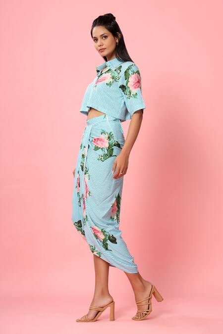 Pasha India Blue Rayon Slub Floral Print And Stripes Collared Neck Cropped Shirt & Skirt Set Online at Aza Fashions Pasha India_Blue Rayon Slub Floral Print And Stripes Collared Neck Cropped Shirt & Skirt Set_Online_at_Aza_Fashions