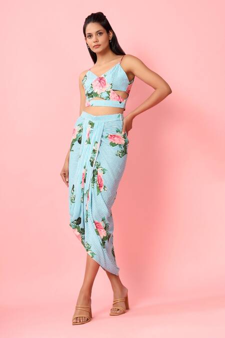 Buy_Pasha India_Blue Rayon Slub Floral Print And Stripes V Neck Crop Top & Skirt Set_Online_at_Aza_Fashions