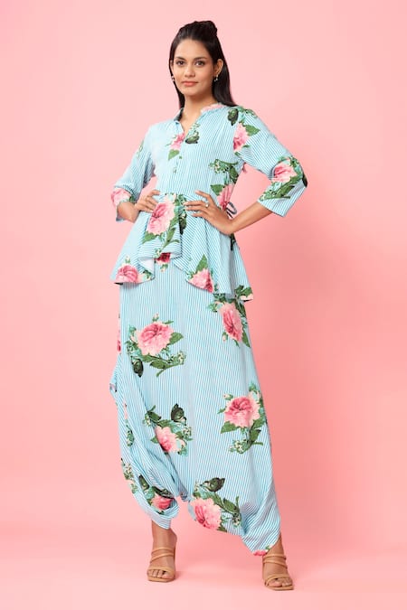 Pasha India_Blue Rayon Slub Floral Print And Stripes Band Peplum Dhoti Jumpsuit _Online_at_Aza_Fashions