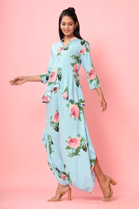 Buy_Pasha India_Blue Rayon Slub Floral Print And Stripes Band Peplum Dhoti Jumpsuit _Online_at_Aza_Fashions