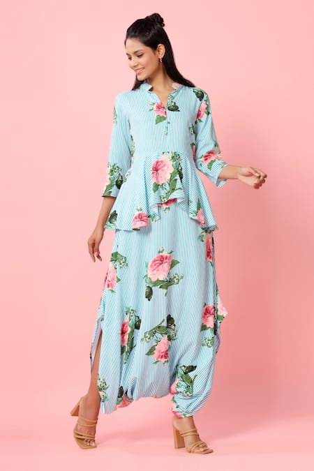 Shop_Pasha India_Blue Rayon Slub Floral Print And Stripes Band Peplum Dhoti Jumpsuit _Online_at_Aza_Fashions