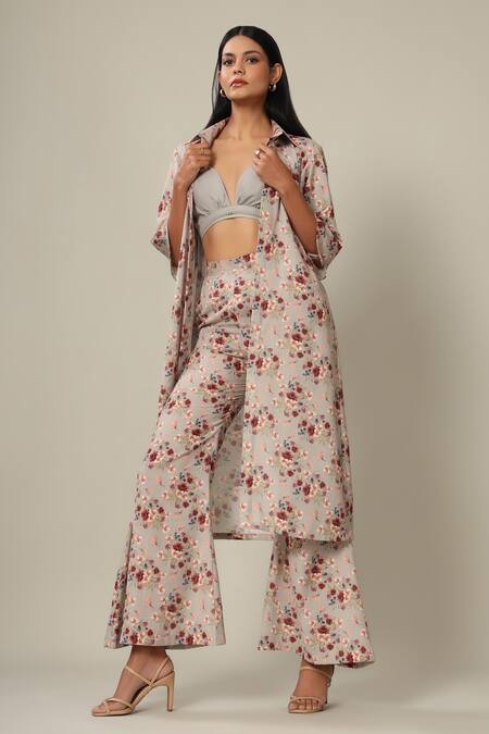 Buy_Pasha India_Green Rayon Slub Floral Print Jacket Spread Collar And Bralette & Pant Set_Online_at_Aza_Fashions