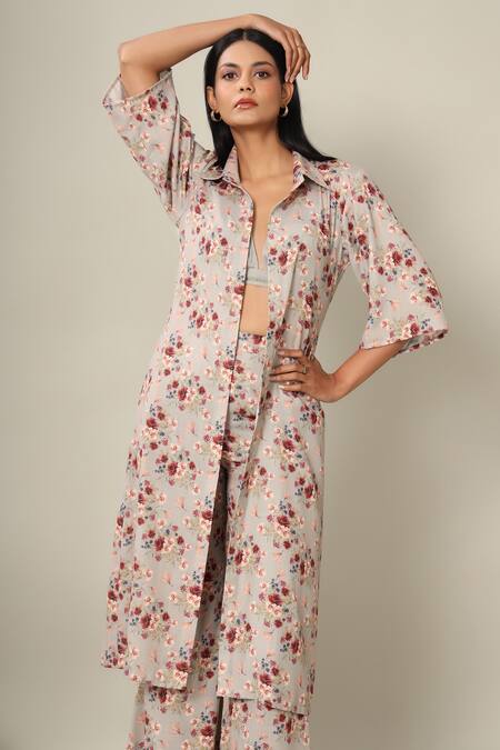 Shop_Pasha India_Green Rayon Slub Floral Print Jacket Spread Collar And Bralette & Pant Set_Online_at_Aza_Fashions